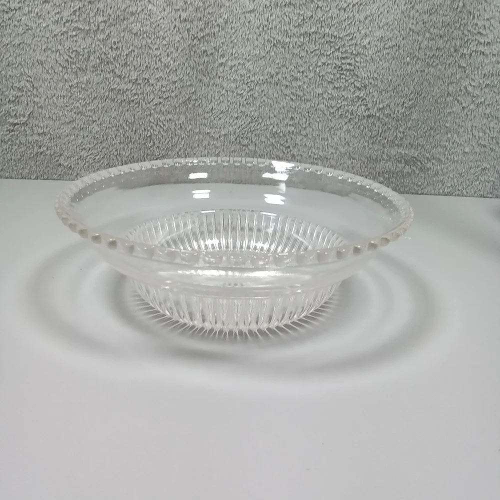 Vintage Clear‎ Pressed Glass Serving Bowl Beaded Rim Sunburst Ribbed 9.25 Inch